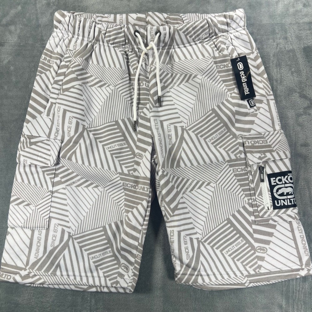 Ecko Unltd Men Fleece Cargo Shorts White Grey Geometric Take Flight Large NWT